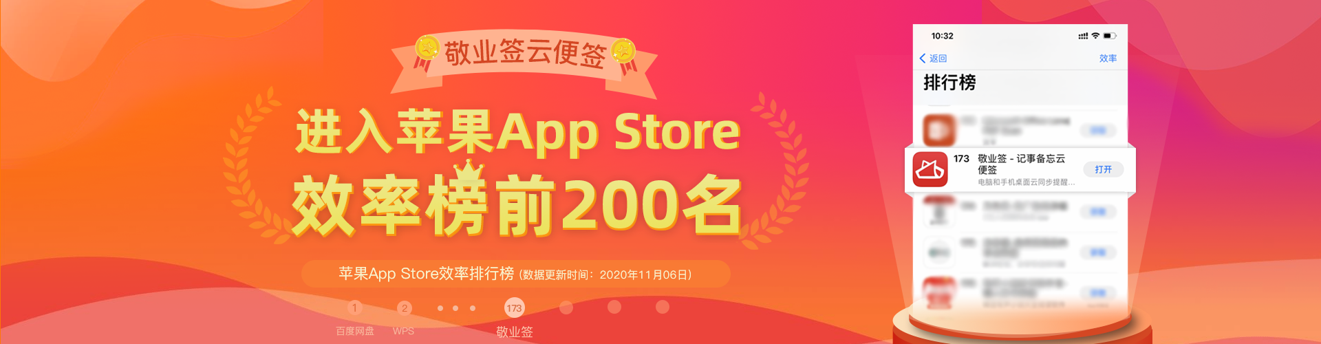 敬业签云便签待办事项任务清单软件进入苹果APPStore效率榜前200名